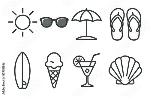 Summer icons: sun, sunglasses, umbrella, flip-flops, surfboard, ice cream, cocktail, seashell