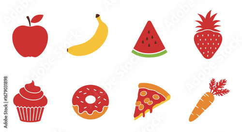 Colorful illustrations of various fruits and sweet food items