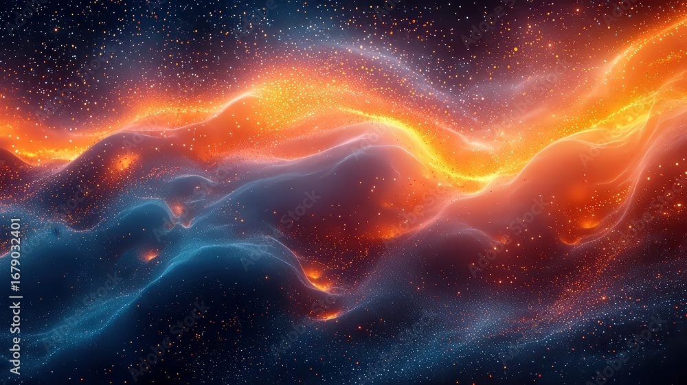 Fototapeta premium Vibrant cosmic waves of orange and blue energy flowig through a starry backdro, evoking a sense of wonde and exploration in the unverse.