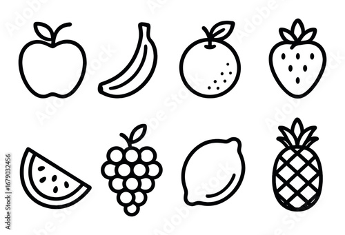 Minimalist black and white fruit icons on dark background