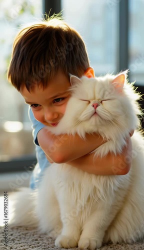 A white Persian cat with fluffy fur, sitting gracefully in a little friend's hug. A moment filled with love and connection
