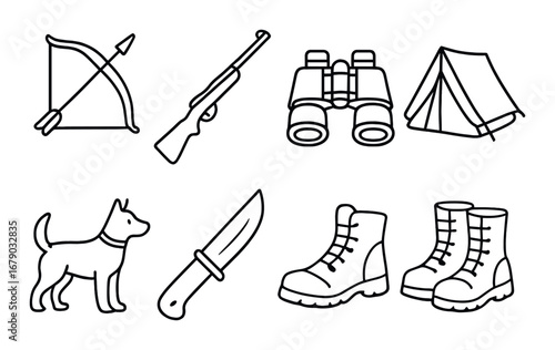 Outdoor adventure icons featuring bow, rifle, binoculars, tent, dog, knife, and boots