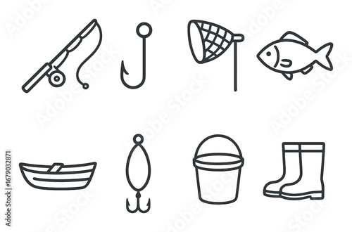 Set of fishing icons featuring rod, hook, net, fish, boat, lure, bucket, and boots