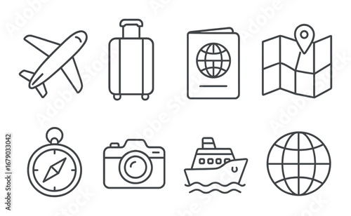 Travel icons: airplane, luggage, passport, map, compass, camera, ship, globe on metallic background