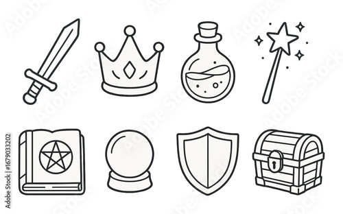 Fantasy icons: sword, crown, potion, wand, book, crystal ball, shield, chest
