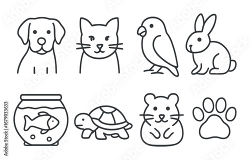 Outlined pet icons: dog, cat, bird, rabbit, fish, turtle, hamster, paw