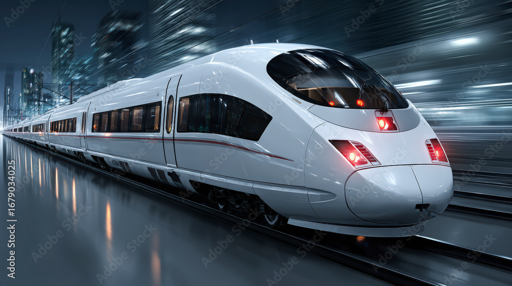 Fototapeta premium A modern high-speed train speeds through a futuristic urban tunnel, showcasing cutting-edge transportation technology and sleek design.