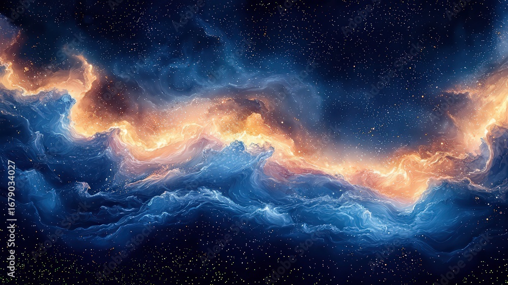 Fototapeta premium Vibrant cosmic nebula with swirling clouds of blue ad orange, evoking a sense f wonder and exploration i the vastness of space.