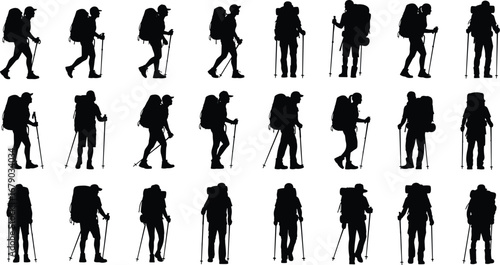 Silhouette of hikers with backpacks and trekking poles in various walking poses showing outdoor adventure, hiking activity, travel, exploration, and nature lifestyle