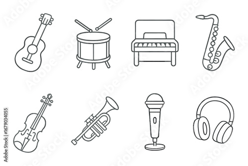 Monochrome musical instrument icons: microphone, headphones, piano, violin, drum, saxophone, trumpet, guitar