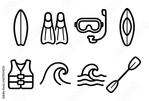 Water sports gear icons: surfboard, snorkel, kayak, life vest, paddle, waves