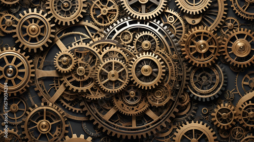 Intricate arrangement of steampunk style gears and cogs on transparent background
