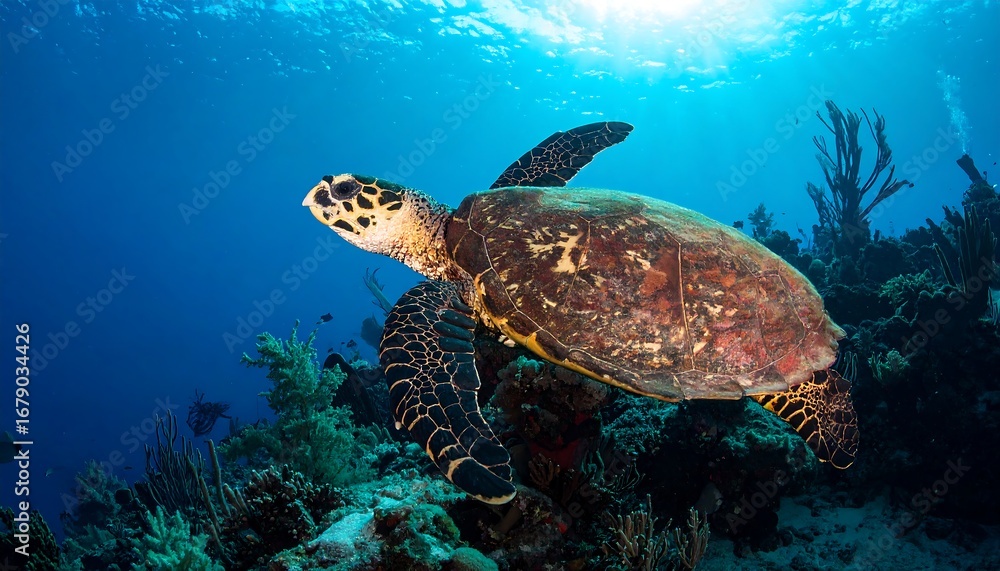 Obraz premium Majestic sea turtle gracefully gliding through vibrant underwater coral reef.