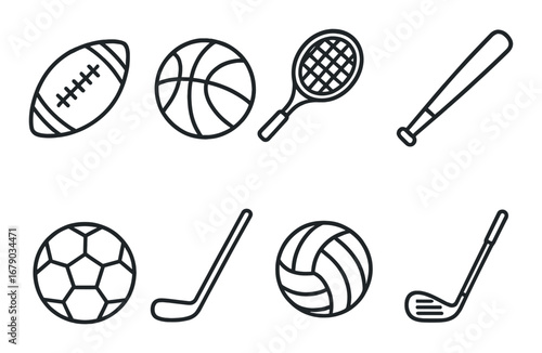 Collection of eight black sports icons featuring various balls and equipment on dark background