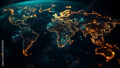 Global Connections: Illuminated World Map Depicting Networks and Data Transfer