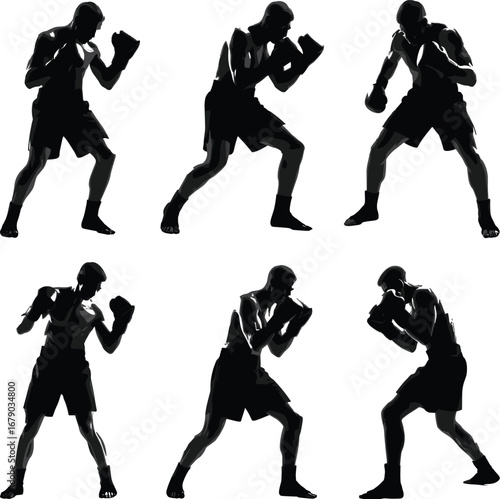 Silhouette of male boxer in various fighting stances showing boxing techniques, training, combat sports, martial arts, fitness, and athletic movement
