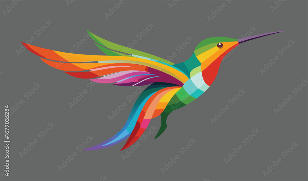 Obraz premium A stunning tropical illustration of a flying hummingbird with colorful wings and a vibrant beak, surrounded by exotic flowers