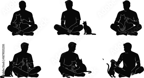 Silhouette of person sitting cross legged with cat in various poses showing love, care, bonding, pet interaction and companionship