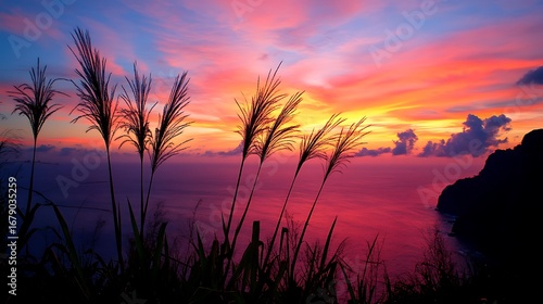 Vibrant Sunset Over Ocean Cliffs With Silhouetted Grass