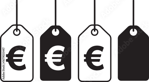 Four Price Tags with Euro Symbols, Two Black and Two White, Isolated