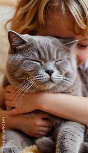An adorable scene of a boy hugging a grey British Shorthair with a round face, eyes closed in blissful contentment.