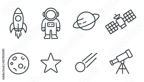 Space exploration icons: rocket, astronaut, planet, satellite, moon, star, comet, telescope