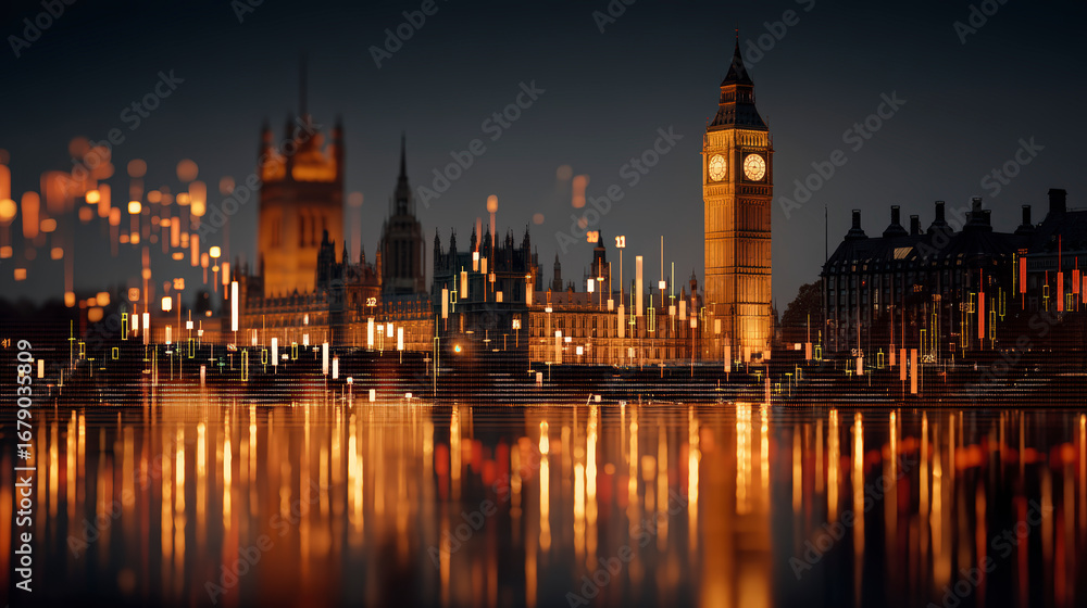 Obraz premium An evening view of the iconic London skyline featuring the Big Ben and the Houses of Parliament reflected in the Thames.