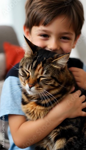 A joyful moment of a boy hugging a tortoiseshell cat with a beautifully unique mixed coat pattern.