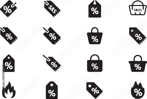 Collection of Black and White Icons Representing Sales, Discounts, and Shopping
