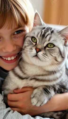 A simple joy — a boy hugging a silver American Shorthair with distinct markings, eyes closed in contentment.