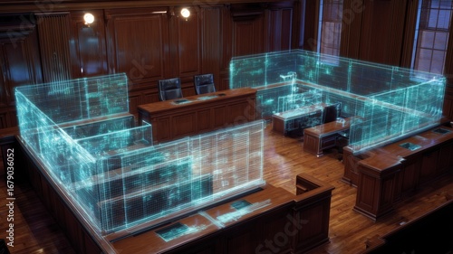 Futuristic courtroom design integrating artificial intelligence for modern legal practices