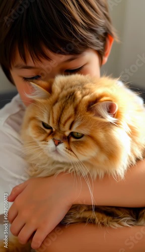 A warm scene of a boy hugging a fluffy golden Persian cat, eyes closed in total relaxation.