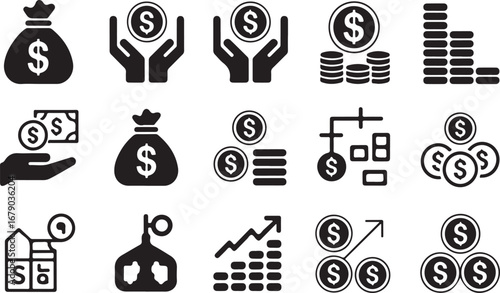 Collection of Financial Icons: Money Bags, Coins, Stacks, and Growth Charts