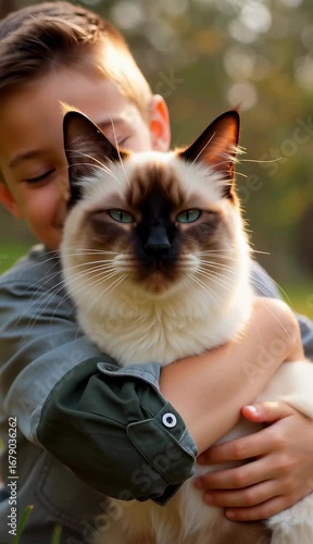A sweet scene of a boy with a short-haired Siamese cat, cream with dark points and striking blue eyes.