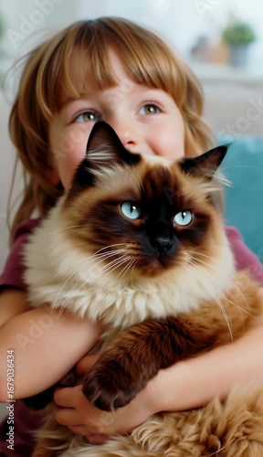 A long-haired Ragdoll cat with cream-brown fur, dark face, and striking blue eyes. Held close by a little friend, sharing pure warmth and happiness