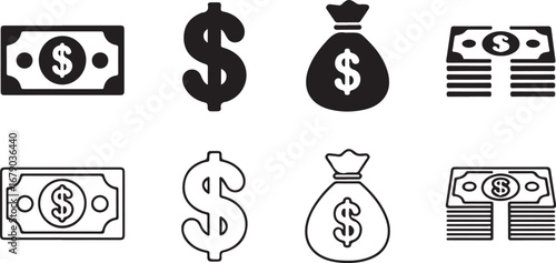 Collection of Money Icons: Bills, Dollar Signs, and Money Bags