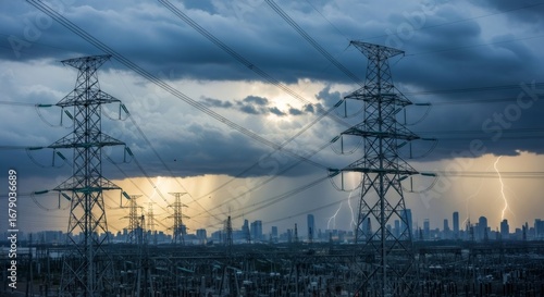 Urban power lines and electricity grid with multiple pylon towers under dramatic stormy sky. Lightning bolt near city skyline in a dramatic scene.