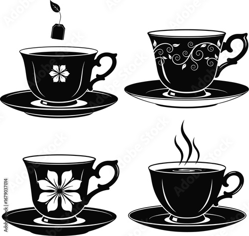 Stylized black and white teacup illustrations with floral, vine, and steam designs for vintage kitchen decor and tea-themed artwork