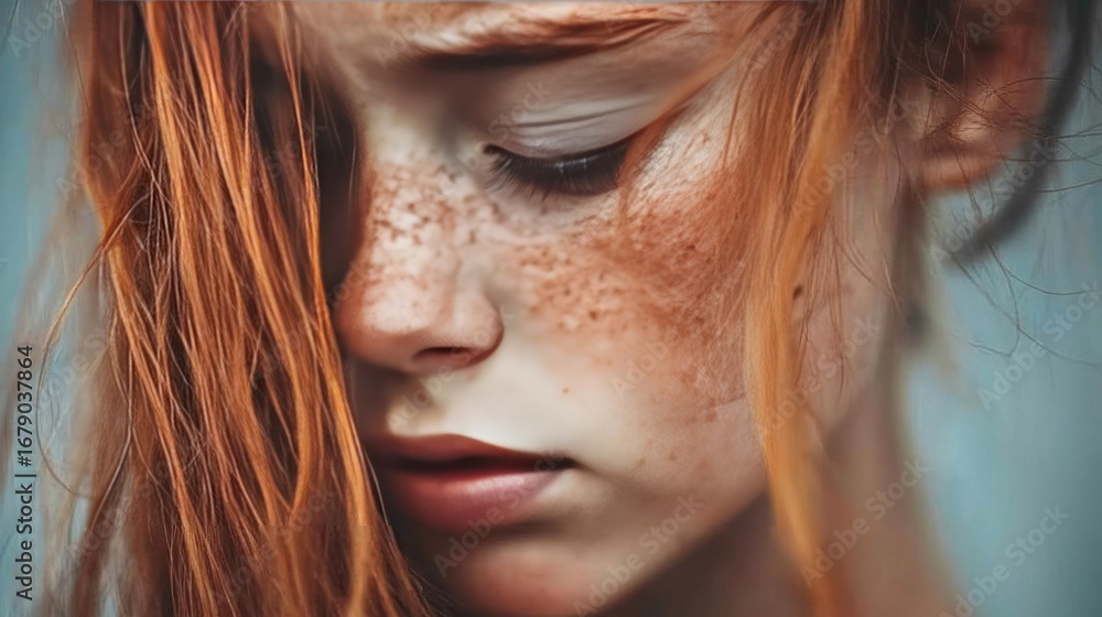 Fototapeta premium Close-Up Portrait of a Young Girl with Freckles and Red Hair Capturing Emotion and Beauty in Soft Lighting