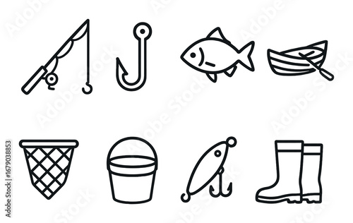 Simple icon set: fishing rod, hook, boat, fish, net, bucket, lure, boots