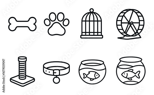 Pet supplies icons: bone, paw, cage, wheel, scratching post, collar, fishbowls