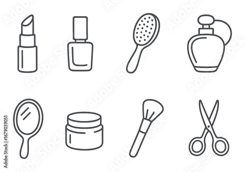 Outline of beauty items: lipstick, nail polish, brush, perfume, mirror, cream, makeup tool, scissors