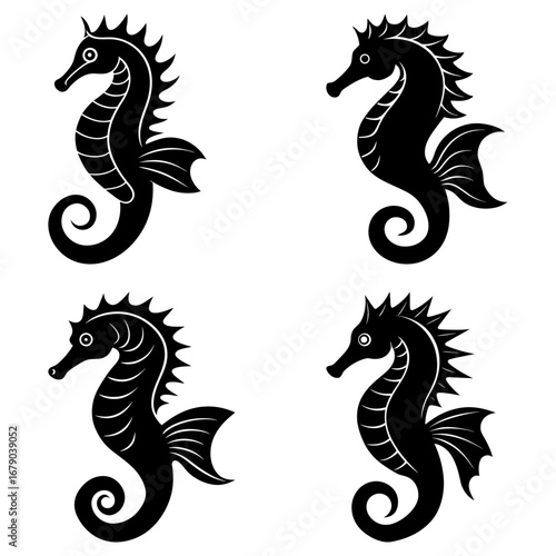 Four stylized seahorses in black silhouette with spiky dorsal fins and curled tails on a white background