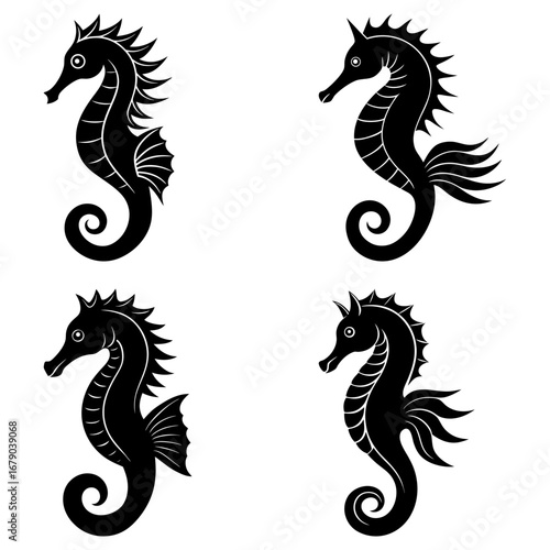 Four seahorses in black silhouette with spiky dorsal fins and curled tails against a white background