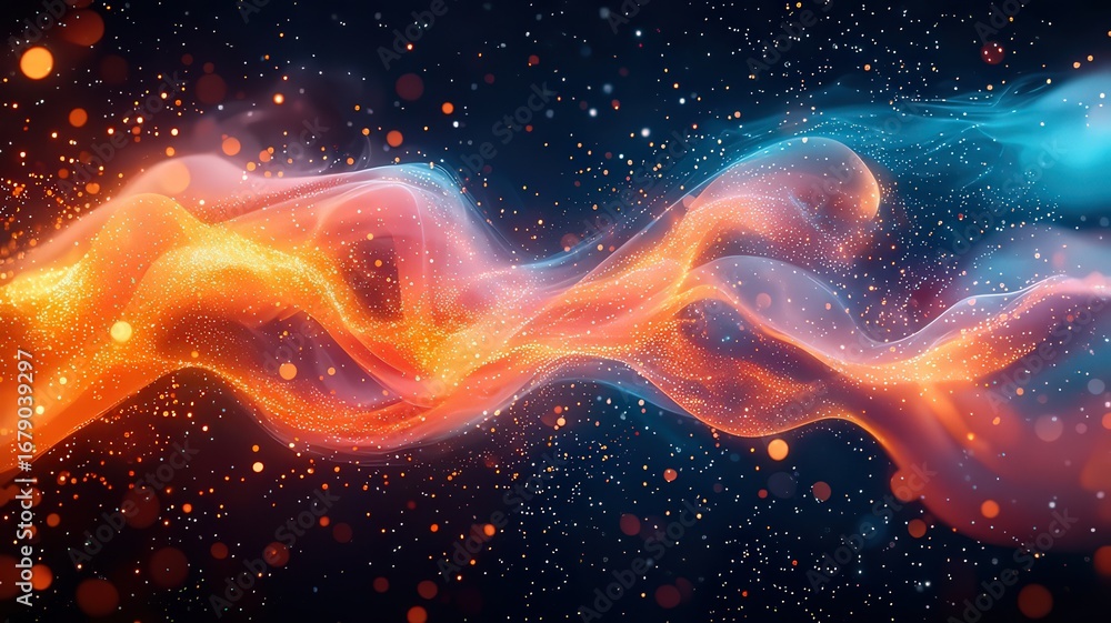 Obraz premium Vibrant abstract wave of orange and blue light, swiring through a starry backgound, symbolizing energy ad creativity for modern deign projects.