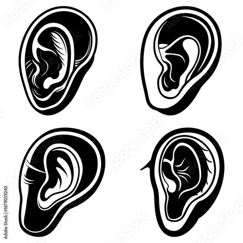 Four stylized black and white illustrations of human ears with varying internal details and outlines