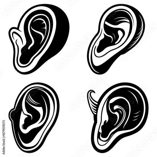 Illustration of four stylized human ears in black and white with detailed inner ear anatomy shown