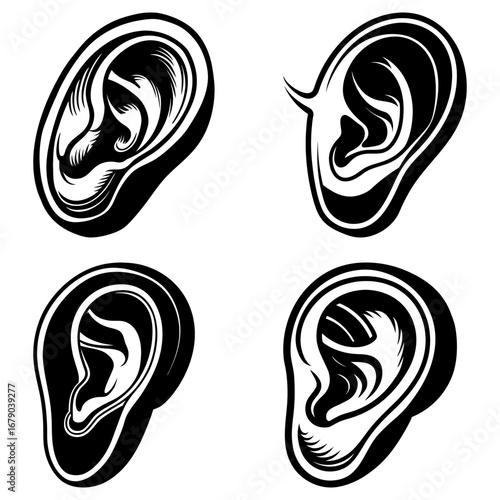 Collection of four stylized black and white ear illustrations in various orientations and designs
