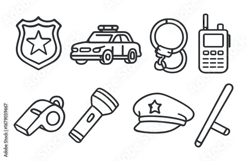 Police tools icons: badge, patrol car, handcuffs, radio, whistle, flashlight, hat, baton