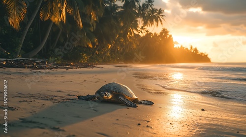 Sea Turtle Crawls Sandy Beach Tropical Sunset
